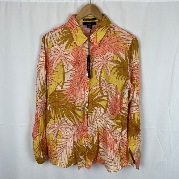 Tahari Tops - Tahari Womens 100% Linen Tropical Orange/Pink Long Sleeve Button Up Shirt Size M
